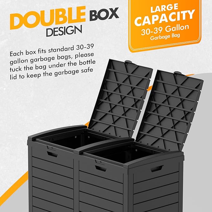 62 Gallon Outdoor Trash Can, Waterproof Resin Trash Can with Layered Lid and Drip Tray, Perfect for Patio, Backyard (Black)