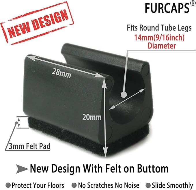 Rectangle U Shaped Chair Leg Tips Cap with Felt Pads,Furniture Feet Protectors Slide Smoothly Glides,Protect Hardwood Floor No Scratches No Noise,Fit 14mm(9/16inch) Diameter Tubular Legs (Black 8PCS)
