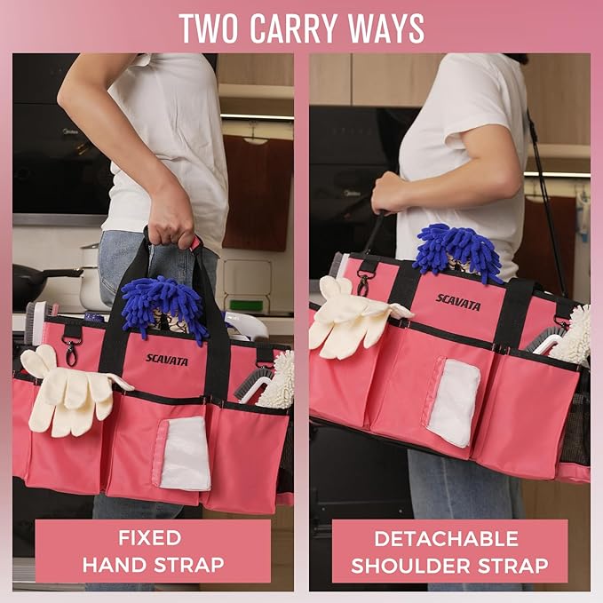 Wearable Cleaning Caddy Bag, Cleaning Caddy Supplies Organizer with Handle & Shoulder Straps for Housekeepers, Under Sink & Car Cleaning Tool Organizers with 4 Foldable Divider (RoseRed)