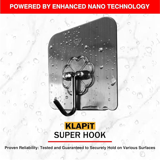 KLAPiT Super Hook - Heavy-Duty Adhesive Wall Hooks, Holds Up to 11 lbs, Waterproof, No Damage, Easy Install on Tile, Wood, Stone, Glass & Metal - Made of Steel (Silver, 4pc)