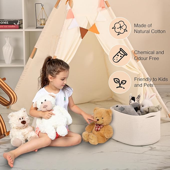 Woven Cotton Rope Storage Basket for Organizing, Cute Decorative Baskets for Gifts Empty, Organizer Bins for Dog Toy, Baby Laundry, 15“×11”×9.5“, Off White