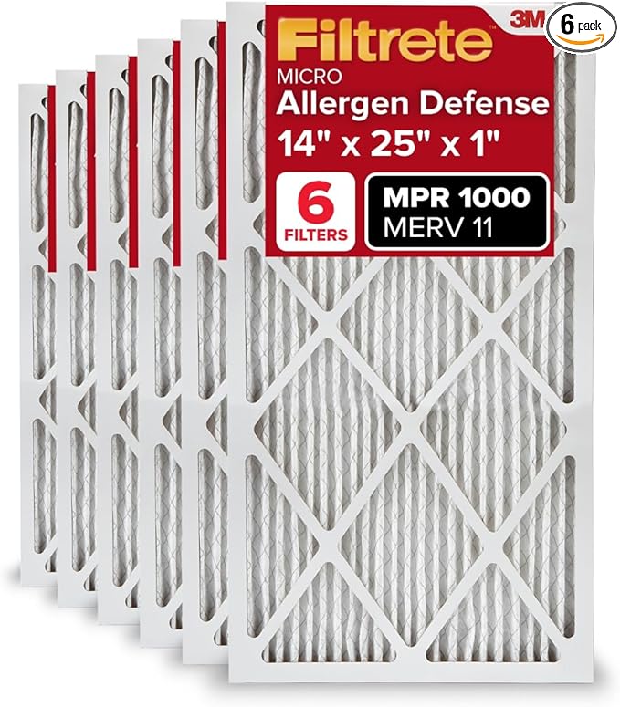 Filtrete 14x25x1 AC Furnace Air Filter, MERV 11, MPR 1000, Micro Allergen Defense, 3-Month Pleated 1-Inch Electrostatic Air Cleaning Filter, 6 Pack (Actual Size 13.81x24.81x0.81 in)