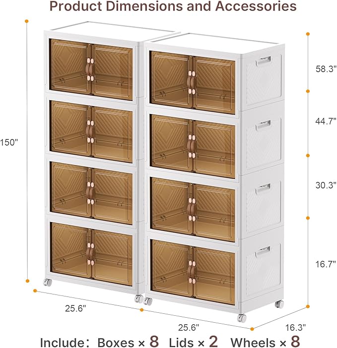 Extra Large Stackable Storage Bins with Lids & Wheels & Door, 896QT-112QT/28GAL*8Pack Foldable Collapsible Closet Organizers, Plastic containers drawers for bedroom Dorm