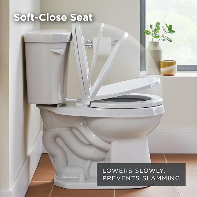 Gerber Round Front Toilet Seat with Cover, Soft Close, No Slam, Quick & Easy Install, Heavy-Duty Plastic, Durable & Fade-Resistant, White GC550129