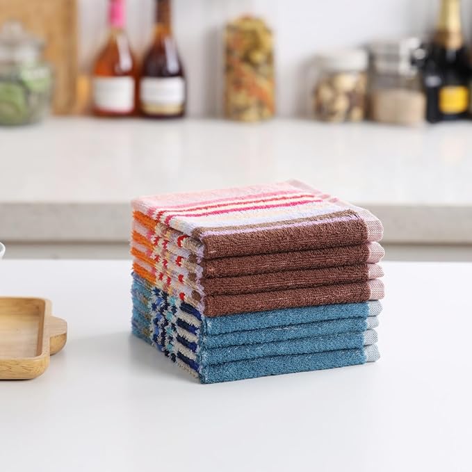 Oeleky Kitchen Dishcloths for Washing Dishes, Ultra Absorbent Dish Rags, Cotton Cleaning Cloths Pack of 8, 12x12 Inches (Wide Stirpe, 12x12 inch)