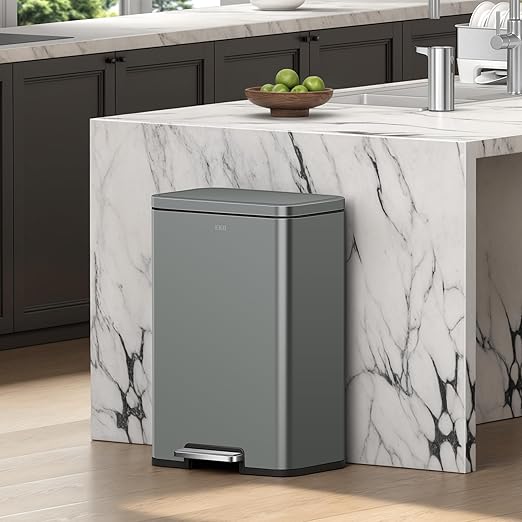 EKO Madison Nardo Grey Stainless Steel 50 Liter/13.2 Gallon Step Trash Can with Inner Liner - Fingerprint Resistant Finish