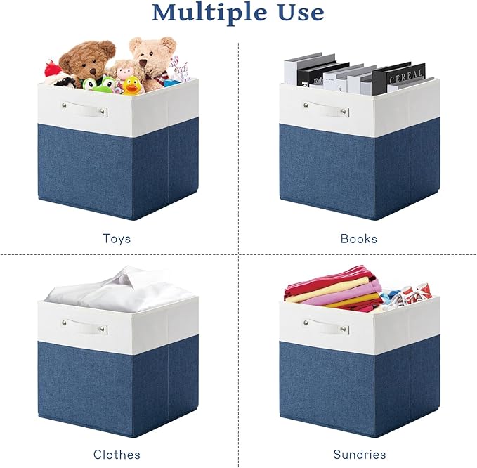 13 x 13 Inch Fine Linen Storage Bins with Handles，Fabric Cube Boxs，Collapsible Basket Organizers for Shelves for Home, Closet Drawers (White/Blue-6 Pack)