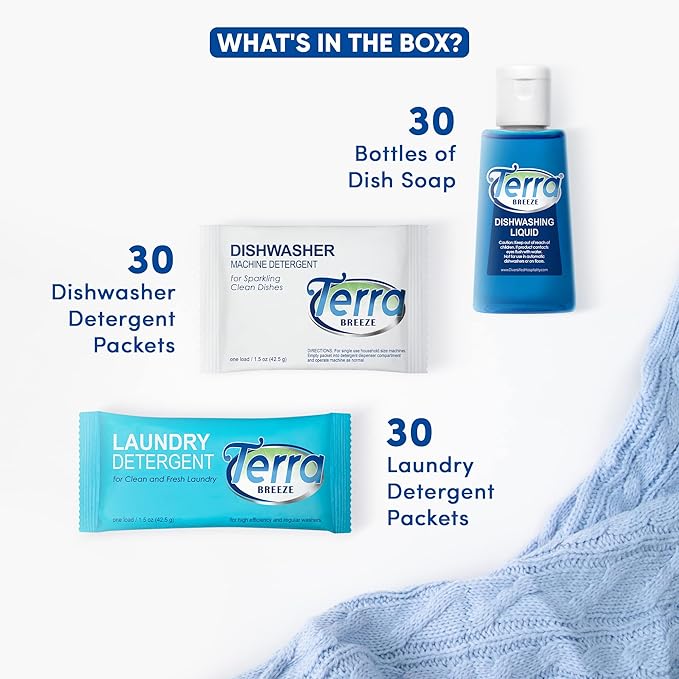 Travel Laundry Detergent & Dish Soap | Terra Breeze 1-Shoppe Amenities Kit | Laundry Soap, Dish Soap | 90 Pieces