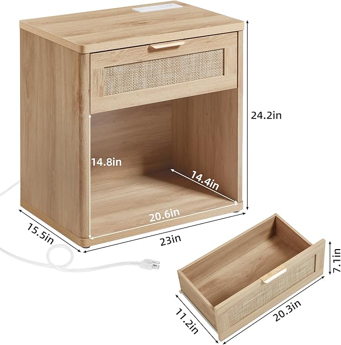 LEYAOYAO Rattan Nightstands Set of 2 with Charging Station, 23" Wide Boho Night Stand with Drawer, Natural Wood Bedside Table Open Cabinet, Bed Side End Table Dresser for Bedroom, Living Room, Hallway