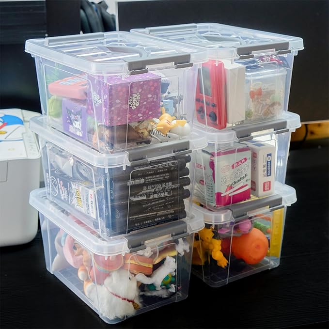 6 Quart Plastic Stackable Storage Latch Bins,Clear Latching Box with Handle and Lid,Pack of 6 (Grey Handle)