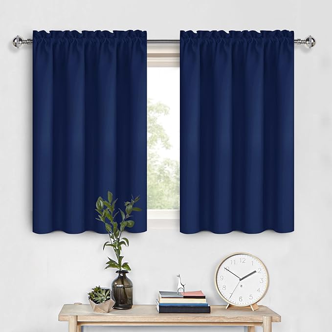 DWCN Short Curtains for Bathroom Windows 36 inches Length 2 Panels Set, Half Small Window Blackout Curtains for Kitchen, Rod Pocket Energy Saving Drapes (W42 x L36 Inch, Navy Blue)