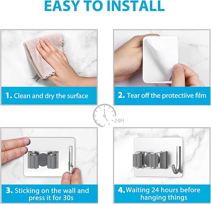 Mop Broom Holder No Drill, Mop Broom Organizer Wall Mounted Heavy Duty with Hooks Hanger, Self Adhesive Stainless Steel 4Pcs for Bathroom, Kitchen, Office (Silver)