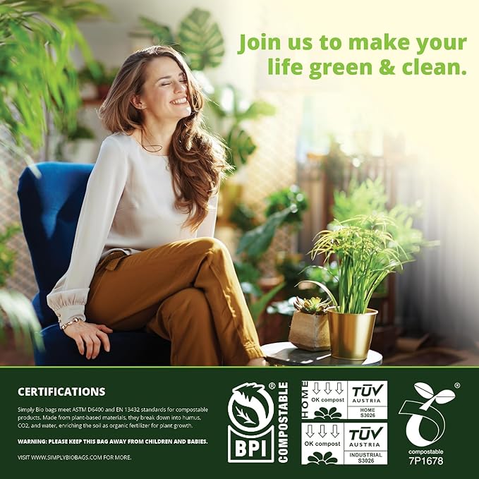 Simply Bio 3 Gallon Compostable Trash Bags Liners with Handle-Tie, Thick 0.67 Mil, 11.36 Liter, 80 Bags, Small Kitchen Food Scrap Waste Bag, ASTM D6400, US BPI and OK Compost Home Certified