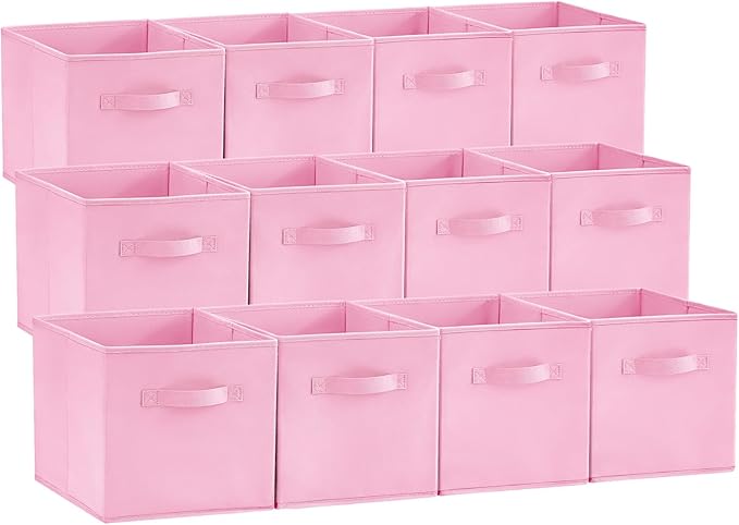 Lifewit 12 Packs Storage Cubes, 11 Inch Cube Storage Bins, Foldable Decorative Fabric Storage Baskets for Organizing Home Organizers with Handles for Shelves, Closet,Pink