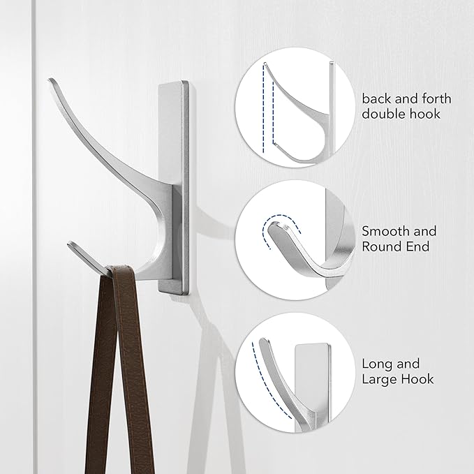 Self-Adhesive Coat Hooks for Hanging - Heavy Duty Stainless Double Wall Hook for Towel, Backpack, Hat, Sturdy Metal Hanger for Bathroom, Bedroom, Door, Wall Mounted, 10-Pack, Silver