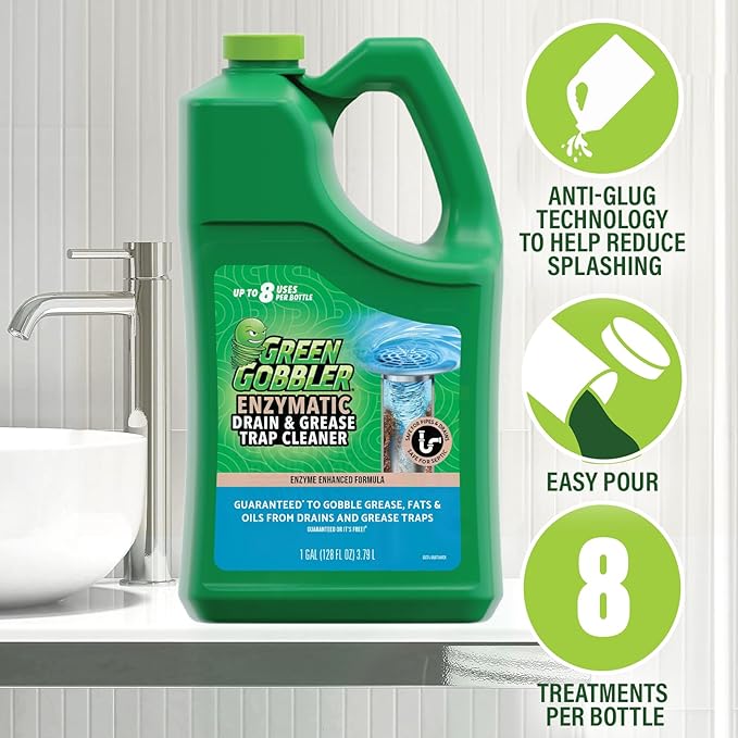 Green Gobbler ENZYMES for Grease Trap & Sewer - Controls Foul Odors & Breaks down Grease, Paper, Fat & Oil in Sewer Lines, Septic Tanks & Grease Traps (4 Gallon Case)