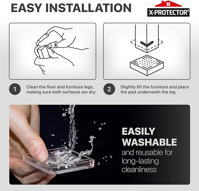 X-Protector Furniture Cups - 4 PCS 3" - Non Slip Furniture Pads for Hardwood Floors - Transparent Floor Protectors - Bed Stoppers to Prevent Sliding - Keep Furniture from Sliding on Floor! (Square)