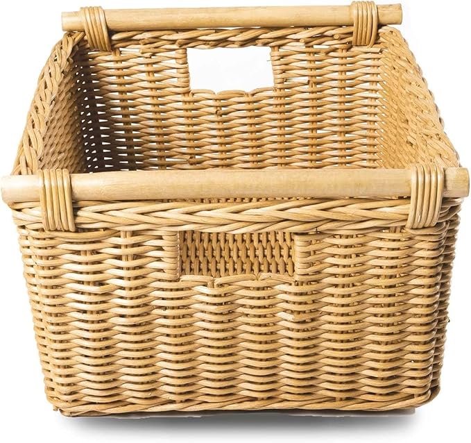 The Basket Lady Pole Handle Wicker Storage Basket, Large, 18 in L x 14.5 in W x 9 in H, Sandstone