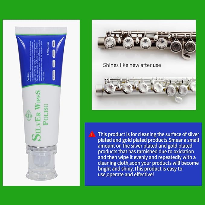 Silver Wipe Polish Cleaner Removes Surface Oxidation Tarnish from Sterling Silver, Silver and Gold Jewellery and the Keys of Instruments for Flutes, Clarinets, Oboes, Bassoons, Trumpets,Silverware