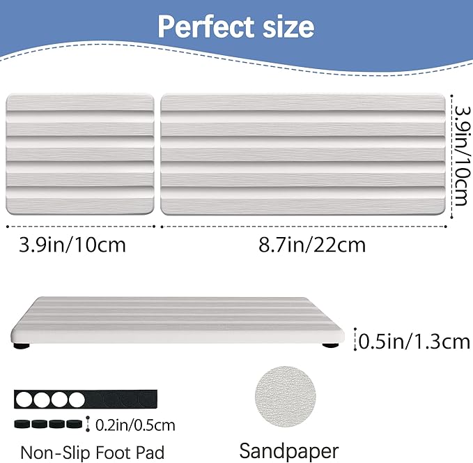 Set of 3 Diatomite Hand Soap Holder, Water Absorbing Stone Tray for Kitchen Countertop, Fast-Drying Bathroom Trays (1pcs 22 x 10cm + 2pcs 10 x 10cm White)