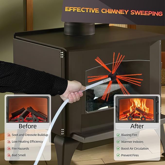 30 Feet Chimney Sweep Kit, Chimney Cleaning Kit with 9 Flexible White Chimney Rods, Chimney Brush for Sweeping Fireplace, Rotary Chimney Cleaning System Driven by Drill