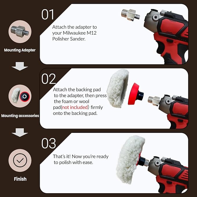 3" Hook and Loop Sanding/Polishing Backing Pad, M9 to 5/8-11 Hex Grinding Bit Thread Adapter, for Milwaukee M12 Polishers/Sanders with M9 Spindle Threads