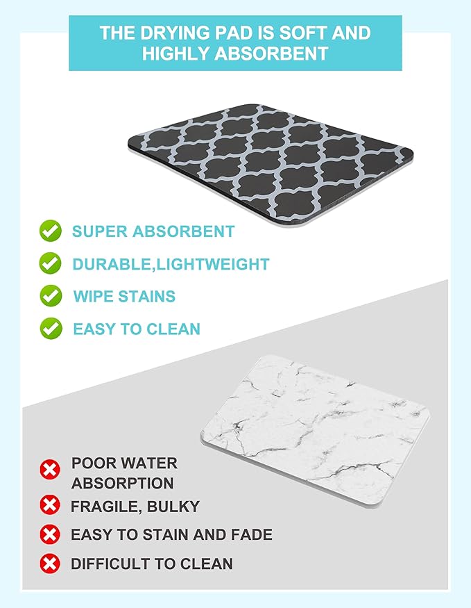 Dish Drying Mat for Kitchen Counter, 16"x24" Dish Drying Pad with Non-slip Rubber Backed, Hide Stain Anti Absorbent for Kitchen Counter, Drying Mat for Coffee Machine Dish Rack (Gray Trellis)
