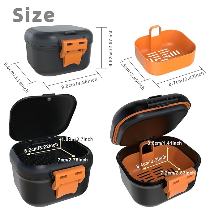 ARGOMAX Leak Proof Denture Bath Cup, Portable Soaking Denture Box, Denture Bath Case with Strainer, for Dentures and Braces, Upgraded Version with Storage Compartment (Black + Orange).