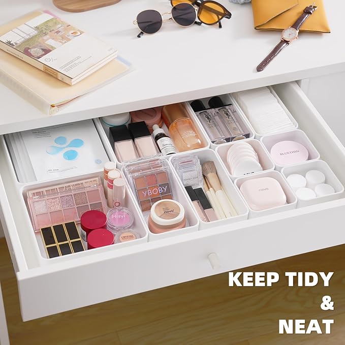 11-Piece Stackable Drawer Organizer Set, Multi-size Desk Drawer Organizer Trays Vanity Storage Bins for Storing Makeup, Stationery, Utensils in Bathroom Dresser, Office and Kitchen