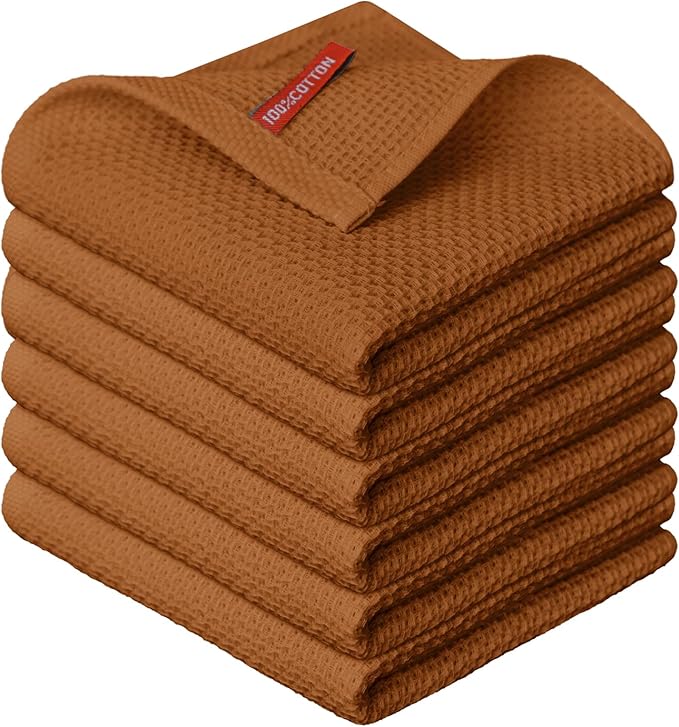 Artoid Mode 100% Cotton Caramel Waffle Weave Kitchen Dish Cloths, 12x12 Inch Ultra Soft Absorbent Quick Drying Kitchen Dish Towels Set of 6