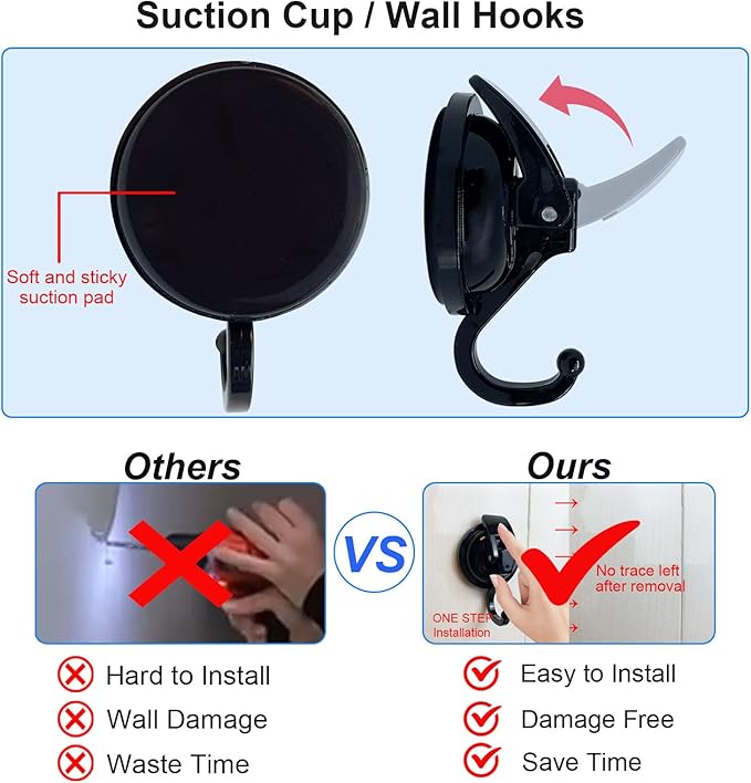 Heavy Duty Vacuum Suction Shower Hooks - Glass Suction Cup Bathroom Robe Hooks, Reusable, No Hole Punched, for Garland Decoration (Black, 6 Pack)