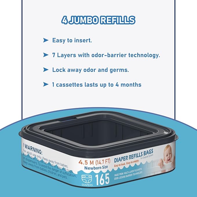 Square Starter Refills Disposal Bags Refill Compatible with Diaper Genie Compact and Select Pails (Not Fit Classic Version Pails), Hold Up to 165 Newborn-Sized Diapers Per Refill, 6 Pack