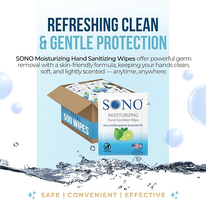 SONO Bergamot & Aloe Moisturizing Hand Sanitizer Wipes - TSA-Approved Travel Size Individual Packs for On-the-Go Hygiene & Cleansing - Alcohol-Free Antibacterial for Hands & Surfaces