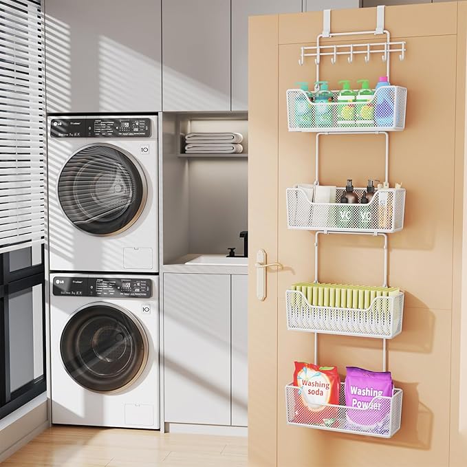 HapiRm Over Door Organizer Storage - Hanging Door Organizer with 4 Metal Large Capacity Baskets and Adjustable Coat Hook for Bathroom Bedroom Kitchen Pantry Closet Cabinet