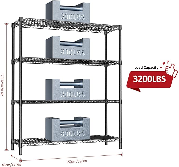 IZEUK 4-Tier Metal Garage Shelving, Heavy Duty Adjustable Storage Rack Organizer, Industrial Steel Shelves for Basement, Kitchen, Office, Warehouse (Black, 17.7" D x 59.1" W x 70.9" H)