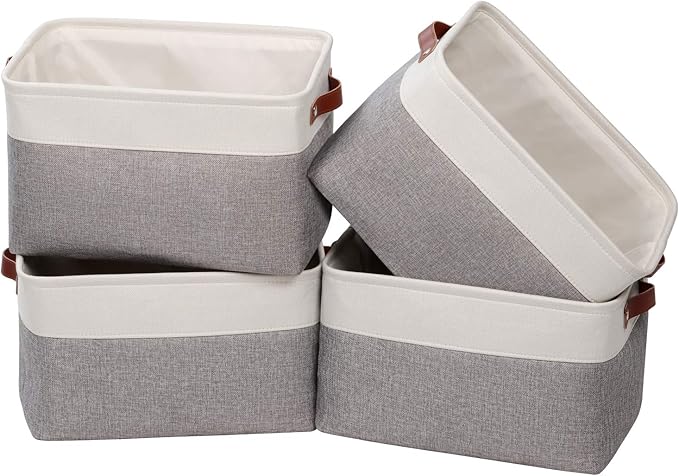 Univivi 15 inch Large Storage Baskets 4PC Gray Hard Bottom Foldable Storage Bins with PU Handles for Shelf Rectangle Fabric Baskets for Organizing (15”X10.5”X9.5”)