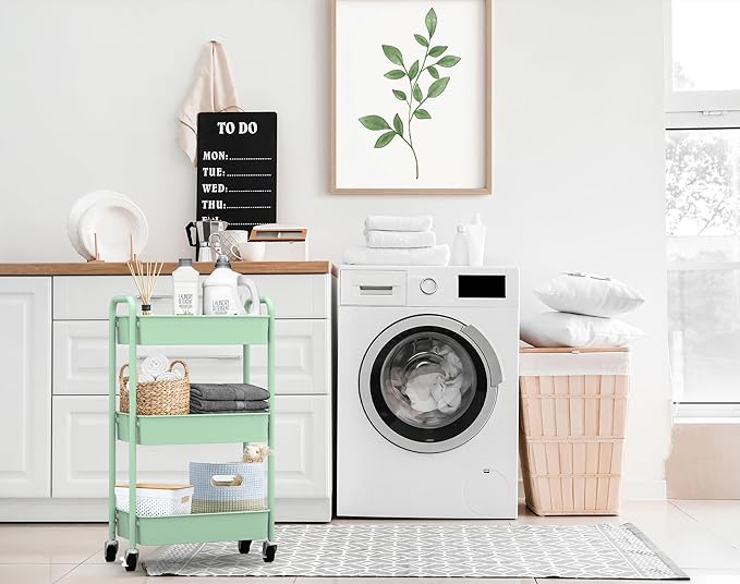 CAXXA 3-Tier Rolling Metal Storage Organizer - Mobile Utility Cart, Kitchen Cart with Caster Wheels (Aqua Green)