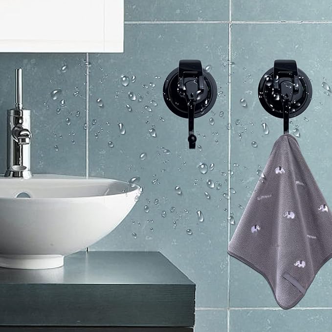 Heavy Duty Vacuum Shower Hooks - Glass Suction Cup Hooks, Reusable, No Hole Punched, for Bathroom Robe and Garland Decoration (Black, 2 Pack)