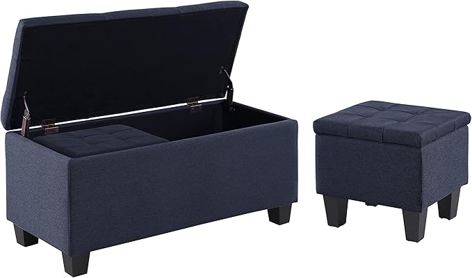 Set of 3 Hinged Storage Ottoman, 38'' Ottoman Bench with Storage and Thick Seating, End of Bed Bedroom Bench Window Bench with 2pcs Small Foot Rest (Blue - Fabric)