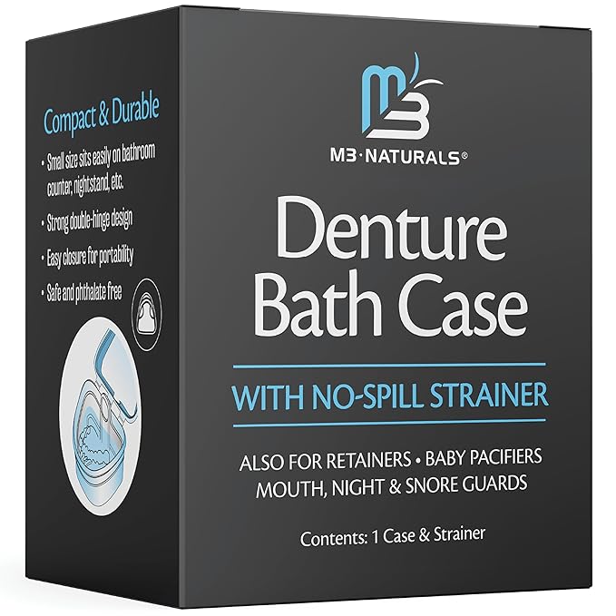 Denture Bath Case and Retainer Case, Denture Bath Cup for Invisalign Retainers Mouthguards Dentures Cleaner Kit with Strainer Spill-Free Portable Retainer Cleaner Case by M3 Naturals