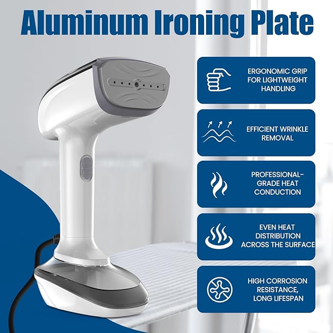 Powerful Handheld Fabric Steamer - 1800W with Fast Ceramic Heat-Up Plate, 2-in-1 Ironing & Wrinkle Remover, Steam Nozzle, Lint Brush - White, for US 120V Only