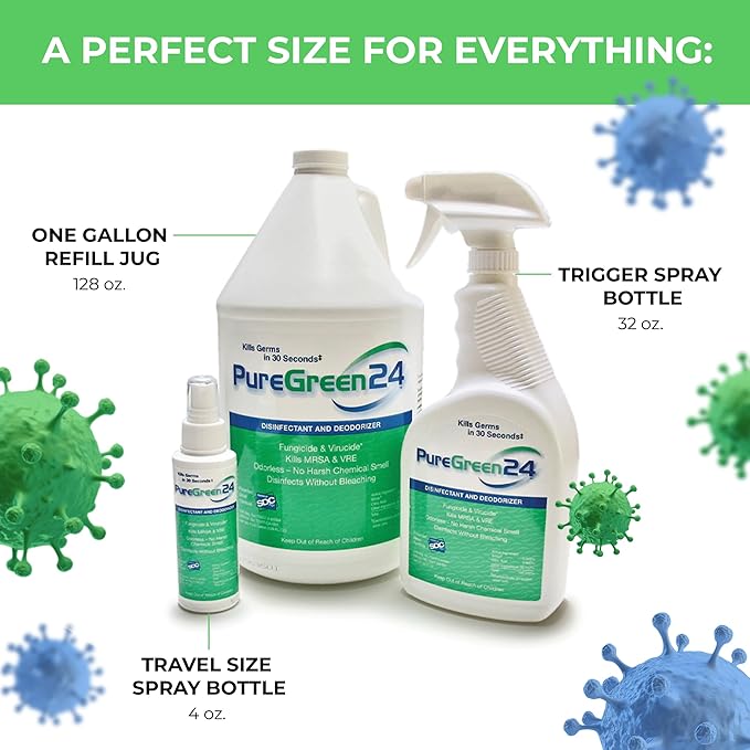 PureGreen24 Safe & Effective Disinfectant. Kills Deadly Germs including RSV COVID-19 Norovirus MRSA Staph 2025 flu Bird flu Contains no toxic chemicals odorless child & pet safe 1 4oz spray bottle