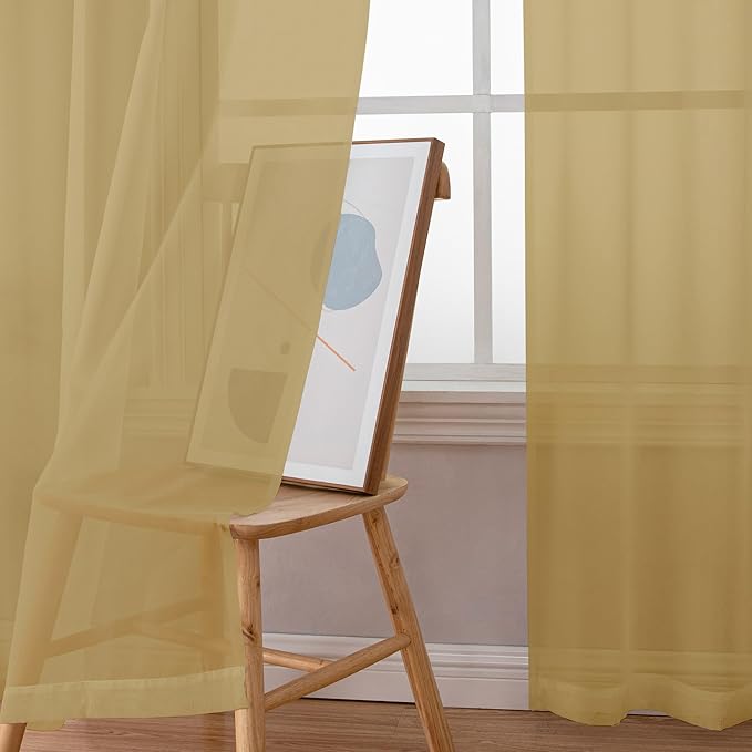 Chyhomenyc Sheer Gold Curtains 90 inches Long 2 Panels, Light Filtering Soft Airy Solid Elegant Voile Window Treatment Drapes for Bedroom Living Room Wedding Party Decor, 42 Wx90 L Inches