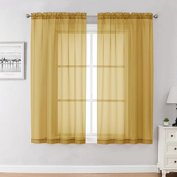Chyhomenyc Gold Sheer Curtains 54 Inch Long 2 Panels Set, Short Voile Rod Pocket Drapes for Dinning Small Windows Bathroom Living Room Bedroom, Each 42Wx54L in, 2PCS, Gold