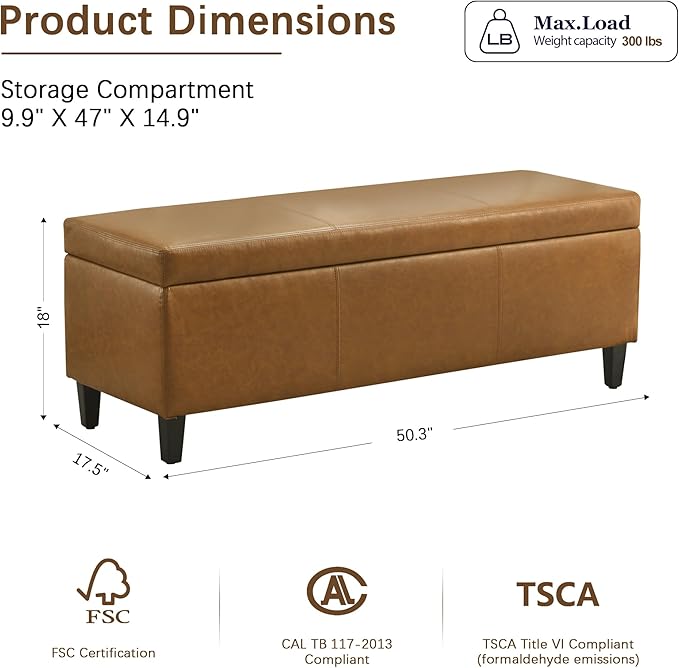 HUIMO Faux Leather Storage Ottoman Bench 50.3 Inch Extra Long PU Upholstered Bedroom Bench with Large Storage Space for The Living Room, Entryway, Bedroom Hold Up to 300lbs (Light Brown)