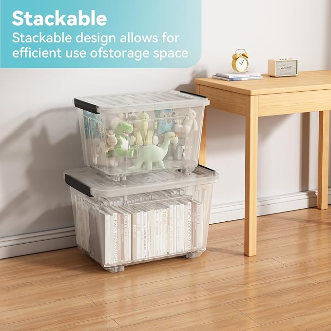 Nazhura 72 Quart Plastic Storage Bin, Stackable and Nestable Storage Boxes with Clear Lids and Secure Latching Buckles, Large Storage Container (Clear, 72Quart-4Pack)