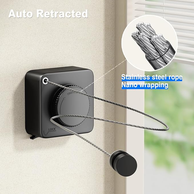 Retractable Clothesline Indoor, Non-Sagging Outdoor Clothes Line Retracting Heavy Duty Clothes Drying Laundry Line Wall Mounted Stainless Steel Line-15.1 Feets(Black)