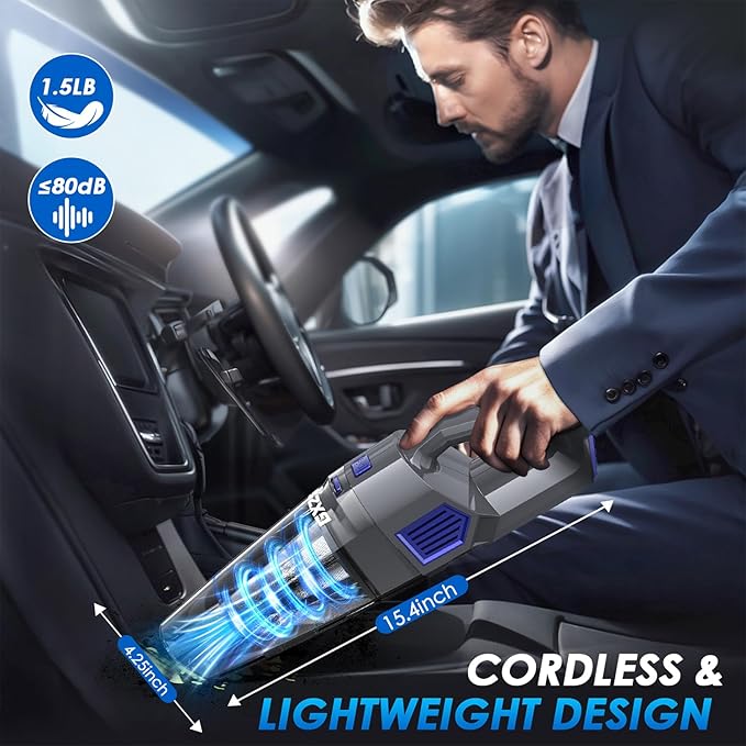 Handheld Vacuum Cordless, 15000PA Strong Suction Hand Held Car Vacuum Cleaner Rechargeable, Portable Hand Vacuum with Multi-Nozzles & Washable Filter for Home Office, Car, Pets
