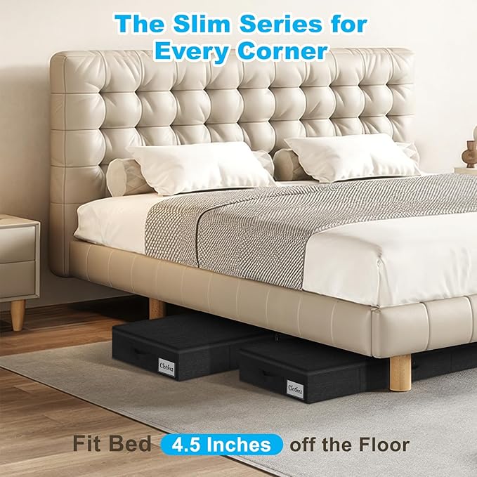 Under Bed Storage Container Bins 2 Pack, 4.5 Inch Slim Low Profile Underbed Clothes Storage Organizer for Dorm & Home, Use for Blanket and Toy Storage Box W/ Sturdy Bottom/Sides, Foldable Thick Fabric