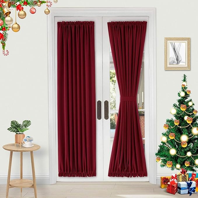 DWCN French Door Curtains - Rod Pocket Thermal Blackout Panel for Glass Window, Kitchen and Patio - Privacy, 25 X 80 Inches Long, 1 Panel With Tieback, Burgundy